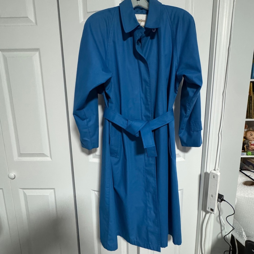 London Fog Vintage Blue Trench Coat Belted Rain Jacket 10 Pet